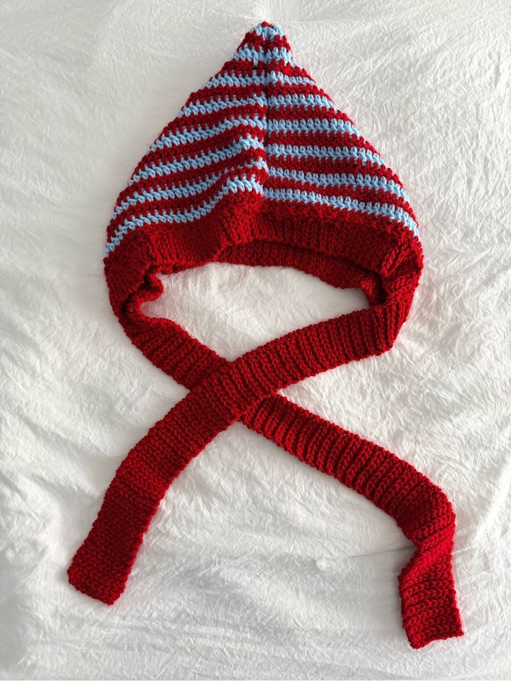Hand-Crotchet Red & Light Blue Striped Hooded Scarf Bonnet
